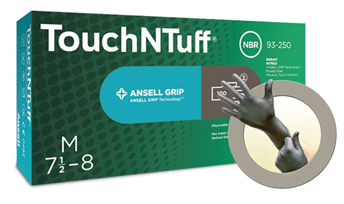 Glove Disposable Medium Nitrile Touch N Tuff Gray 5 Mil Powder-Free Text Ured Ansell Grip Technology