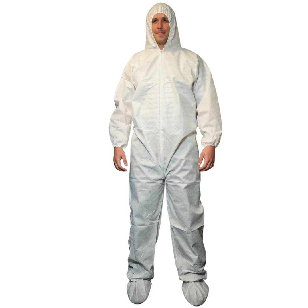Coveralls Polypropylene Front Zipper Attached Bootshood Elastic Ankleswrists Lg White Disposable